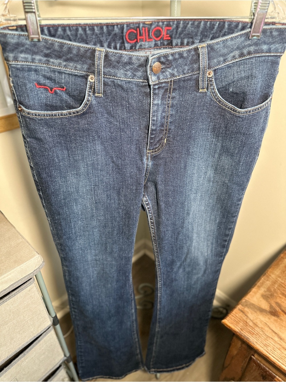 Kimes Ranch Chloe Blue Mid-Rise Flare Bootcut Denim Red Logo Jeans Size 12/30